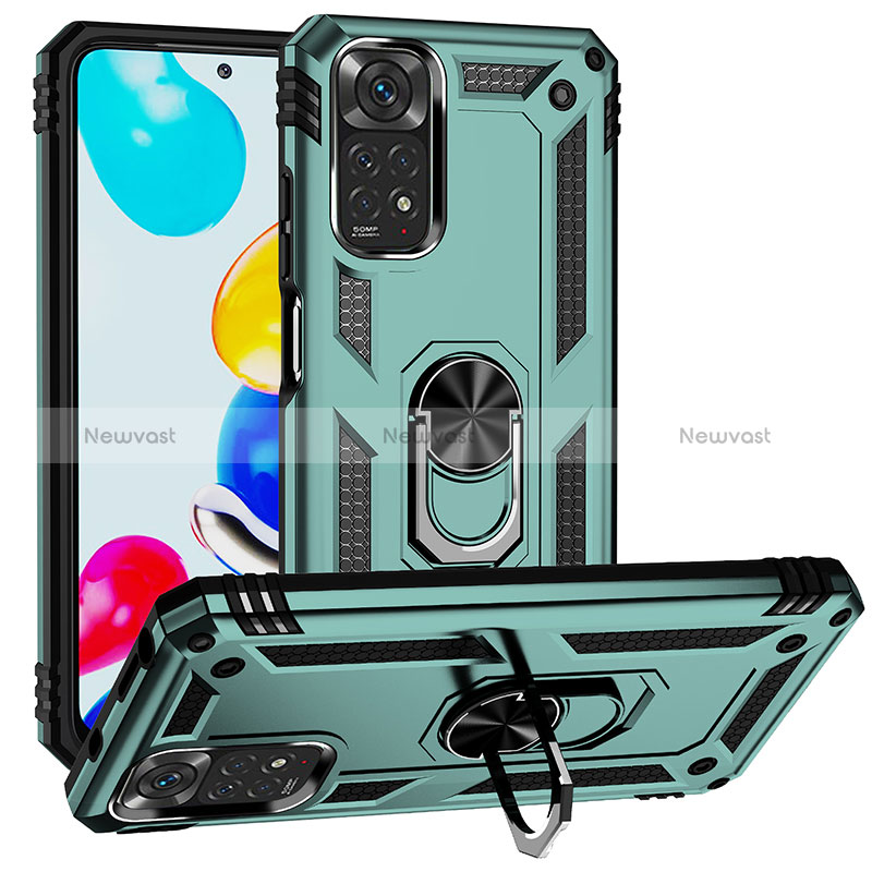 Silicone Matte Finish and Plastic Back Cover Case with Magnetic Finger Ring Stand MQ3 for Xiaomi Redmi Note 11S 4G Green