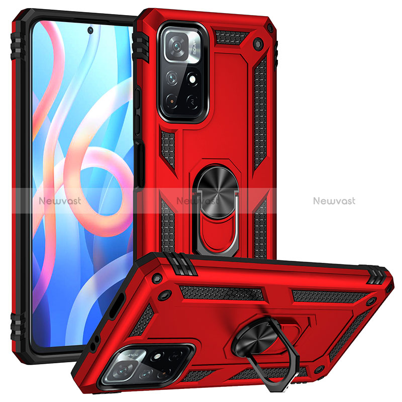 Silicone Matte Finish and Plastic Back Cover Case with Magnetic Finger Ring Stand MQ3 for Xiaomi Redmi Note 11T 5G Red