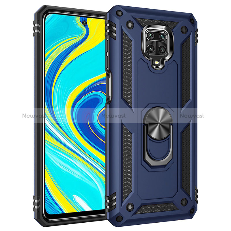 Silicone Matte Finish and Plastic Back Cover Case with Magnetic Finger Ring Stand MQ3 for Xiaomi Redmi Note 9 Pro Max Blue