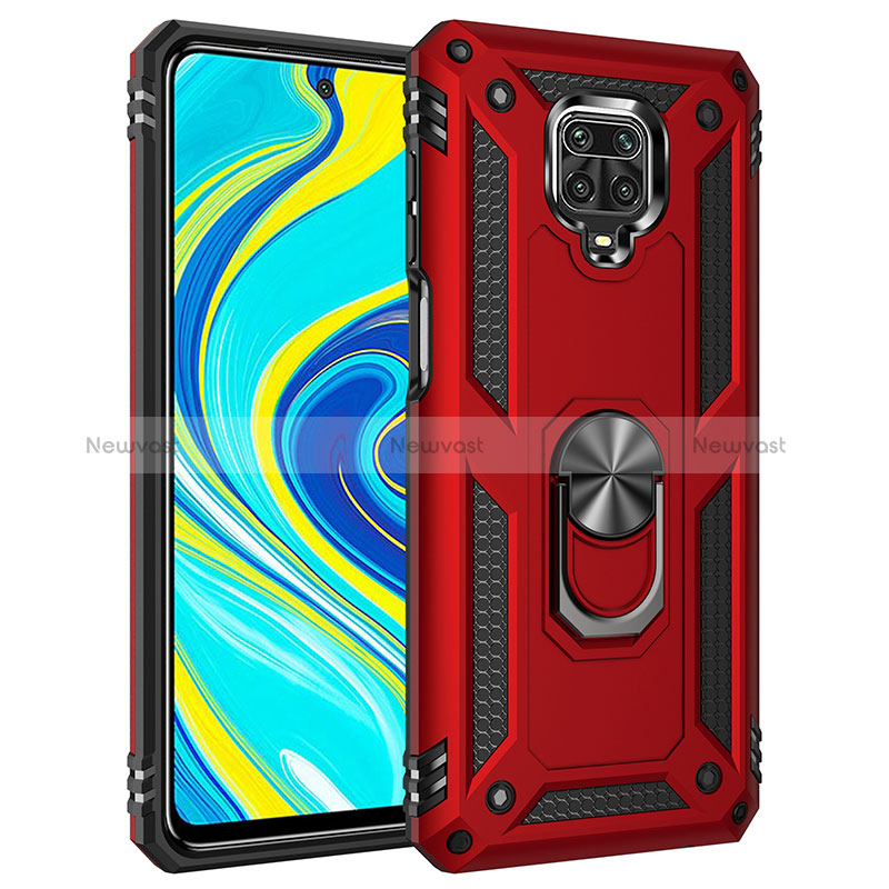 Silicone Matte Finish and Plastic Back Cover Case with Magnetic Finger Ring Stand MQ3 for Xiaomi Redmi Note 9 Pro Max Red