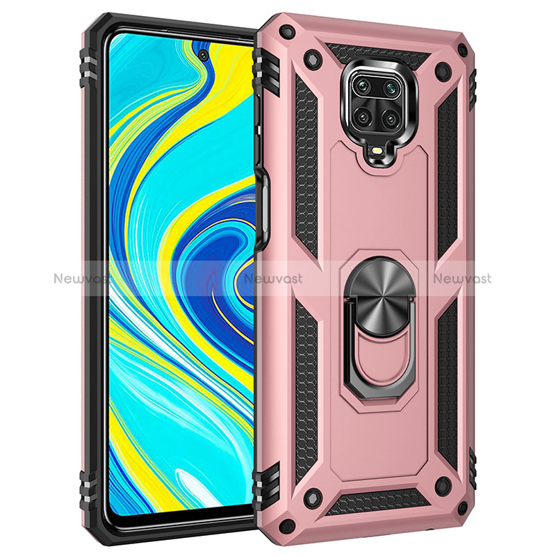 Silicone Matte Finish and Plastic Back Cover Case with Magnetic Finger Ring Stand MQ3 for Xiaomi Redmi Note 9 Pro Max Rose Gold