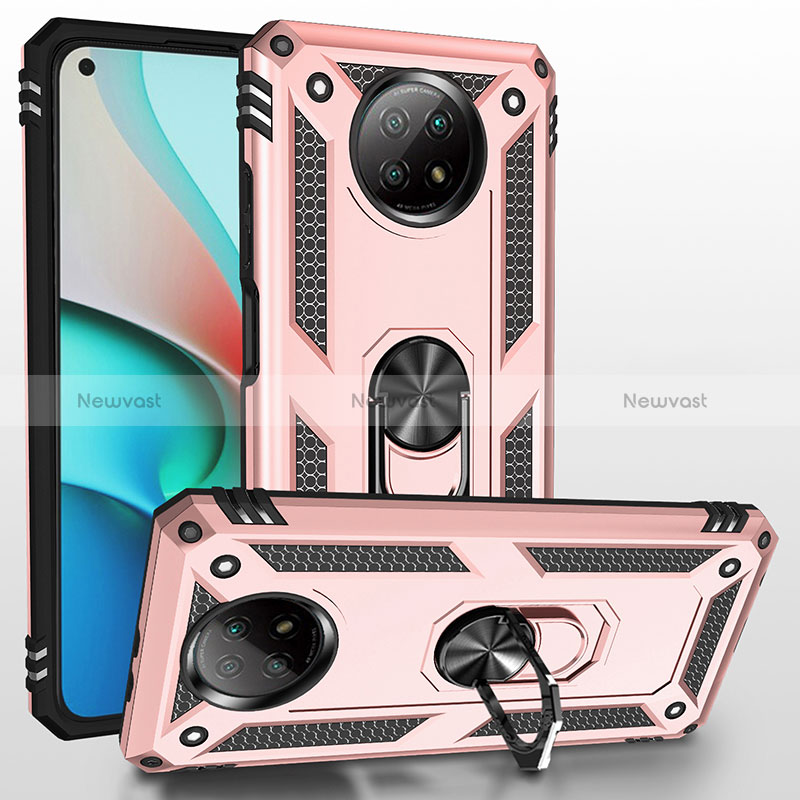 Silicone Matte Finish and Plastic Back Cover Case with Magnetic Finger Ring Stand MQ3 for Xiaomi Redmi Note 9T 5G Rose Gold