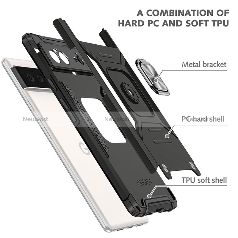 Silicone Matte Finish and Plastic Back Cover Case with Magnetic Finger Ring Stand MQ4 for Google Pixel 6 5G