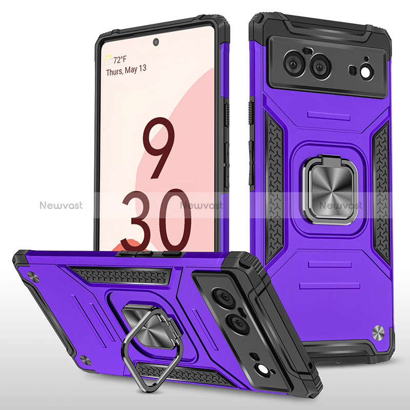 Silicone Matte Finish and Plastic Back Cover Case with Magnetic Finger Ring Stand MQ4 for Google Pixel 6 5G Purple