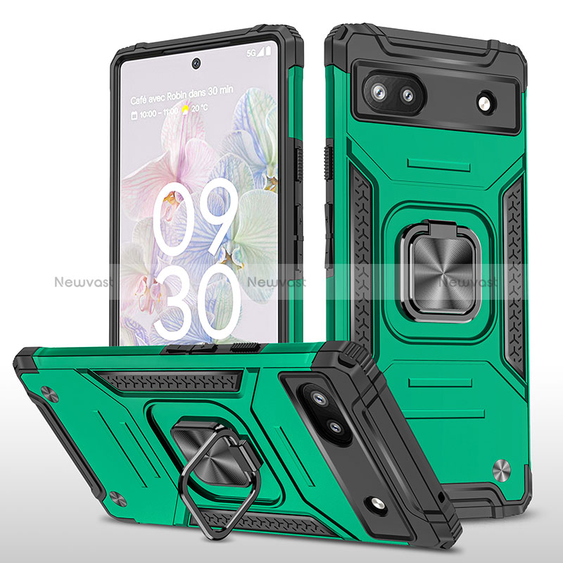 Silicone Matte Finish and Plastic Back Cover Case with Magnetic Finger Ring Stand MQ4 for Google Pixel 6a 5G Midnight Green