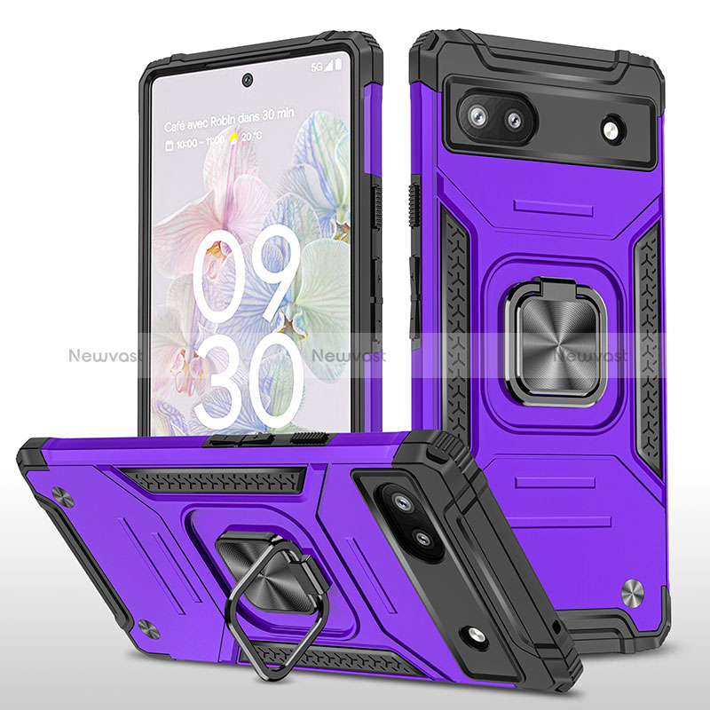 Silicone Matte Finish and Plastic Back Cover Case with Magnetic Finger Ring Stand MQ4 for Google Pixel 6a 5G Purple
