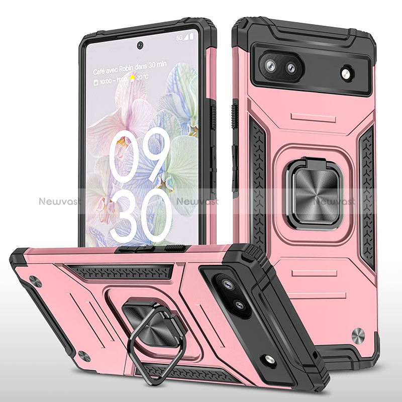Silicone Matte Finish and Plastic Back Cover Case with Magnetic Finger Ring Stand MQ4 for Google Pixel 6a 5G Rose Gold