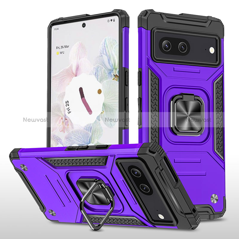 Silicone Matte Finish and Plastic Back Cover Case with Magnetic Finger Ring Stand MQ4 for Google Pixel 7 5G Purple