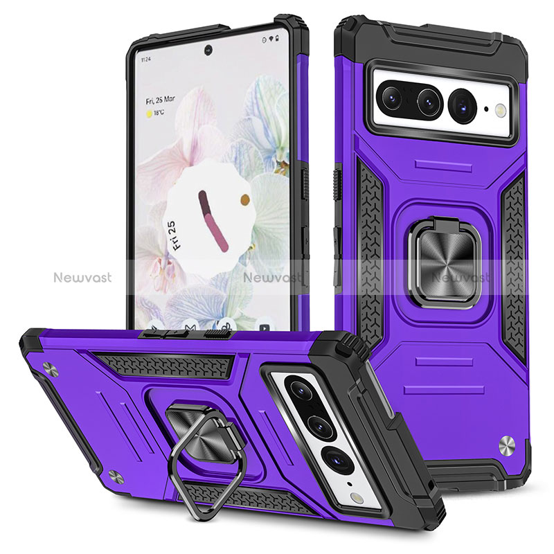 Silicone Matte Finish and Plastic Back Cover Case with Magnetic Finger Ring Stand MQ4 for Google Pixel 7 Pro 5G Purple