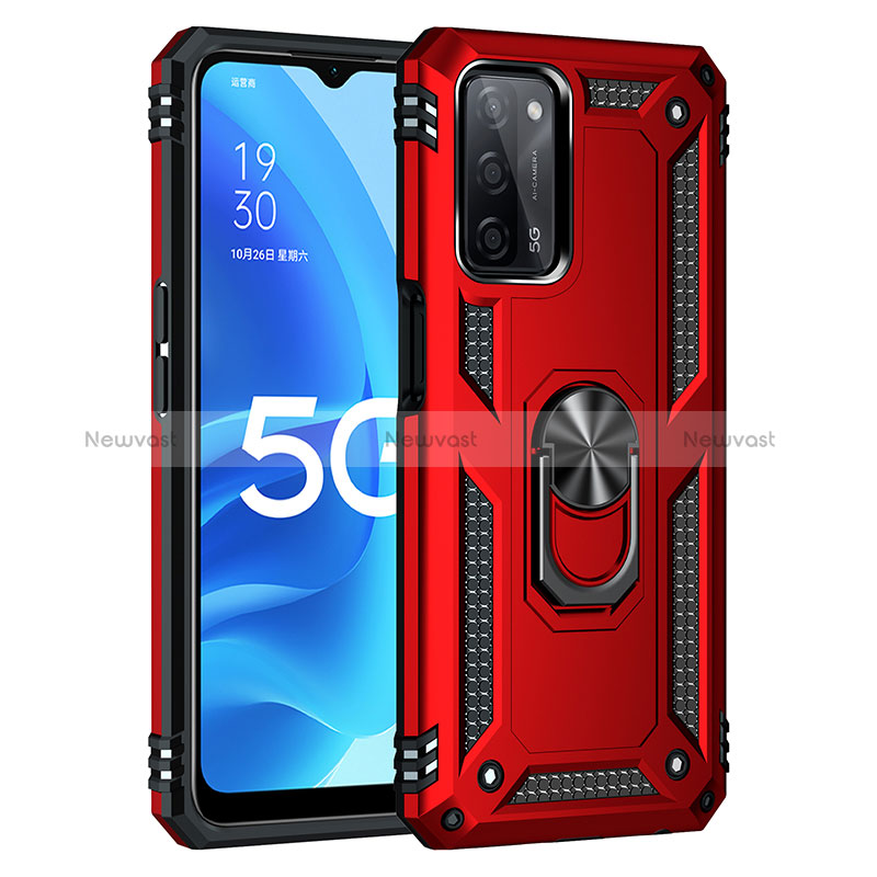 Silicone Matte Finish and Plastic Back Cover Case with Magnetic Finger Ring Stand MQ4 for Oppo A53s 5G Red