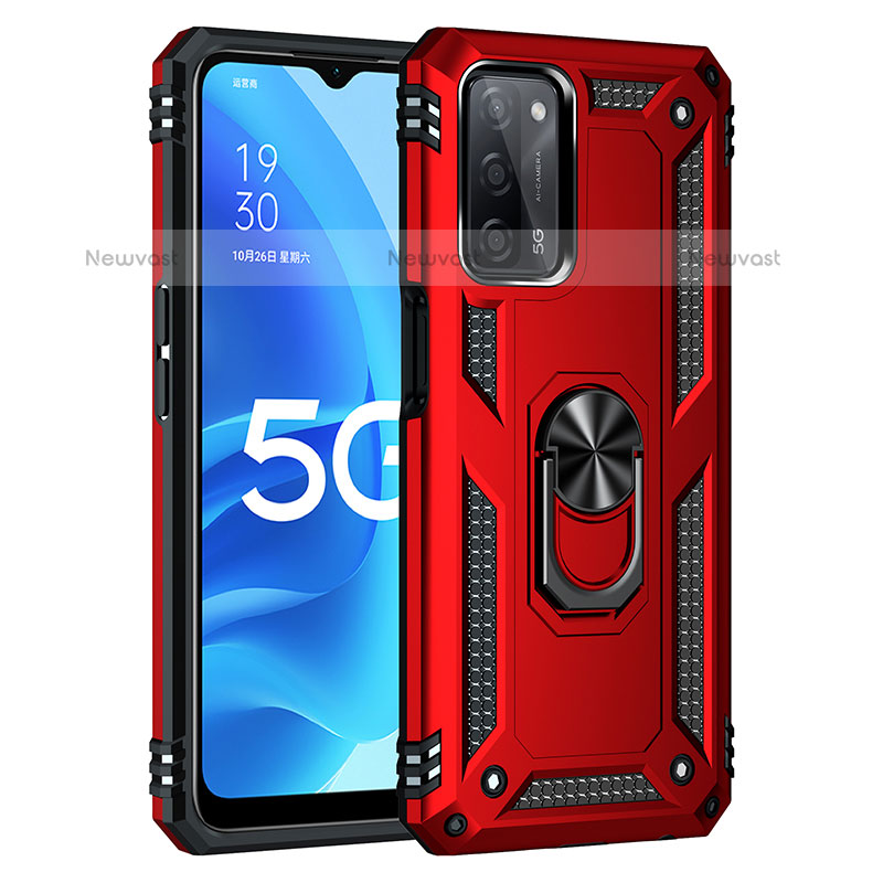 Silicone Matte Finish and Plastic Back Cover Case with Magnetic Finger Ring Stand MQ4 for Oppo A55 5G Red