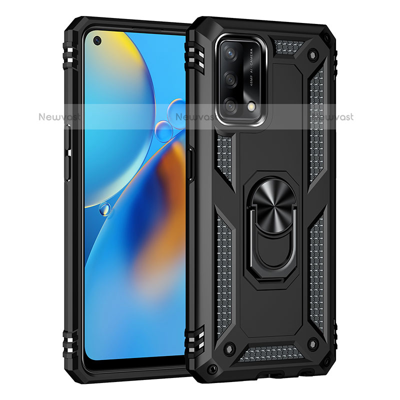 Silicone Matte Finish and Plastic Back Cover Case with Magnetic Finger Ring Stand MQ4 for Oppo A74 4G Black