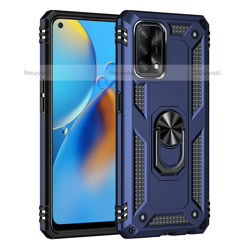 Silicone Matte Finish and Plastic Back Cover Case with Magnetic Finger Ring Stand MQ4 for Oppo A74 4G Blue