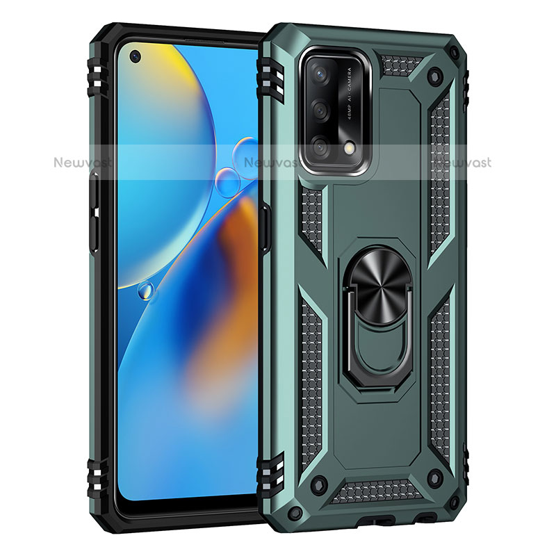 Silicone Matte Finish and Plastic Back Cover Case with Magnetic Finger Ring Stand MQ4 for Oppo A74 4G Green