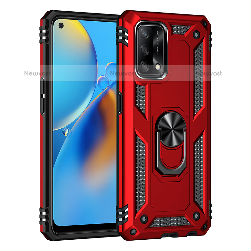 Silicone Matte Finish and Plastic Back Cover Case with Magnetic Finger Ring Stand MQ4 for Oppo A74 4G Red