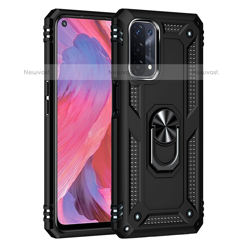 Silicone Matte Finish and Plastic Back Cover Case with Magnetic Finger Ring Stand MQ4 for Oppo A93 5G Black
