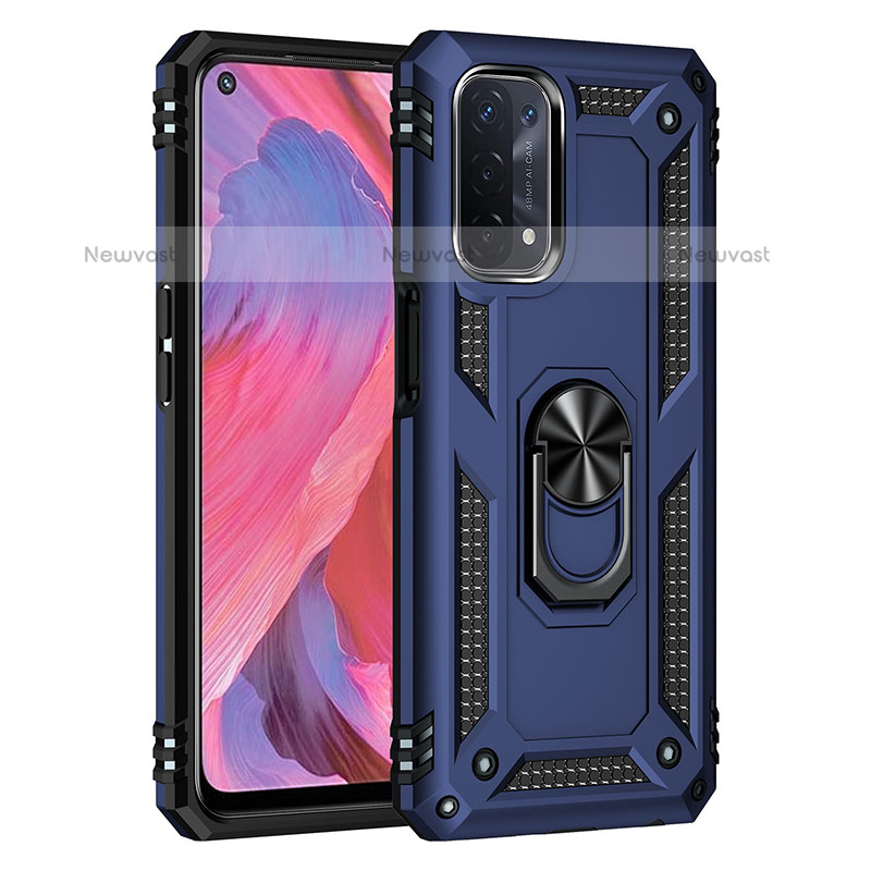 Silicone Matte Finish and Plastic Back Cover Case with Magnetic Finger Ring Stand MQ4 for Oppo A93 5G Blue