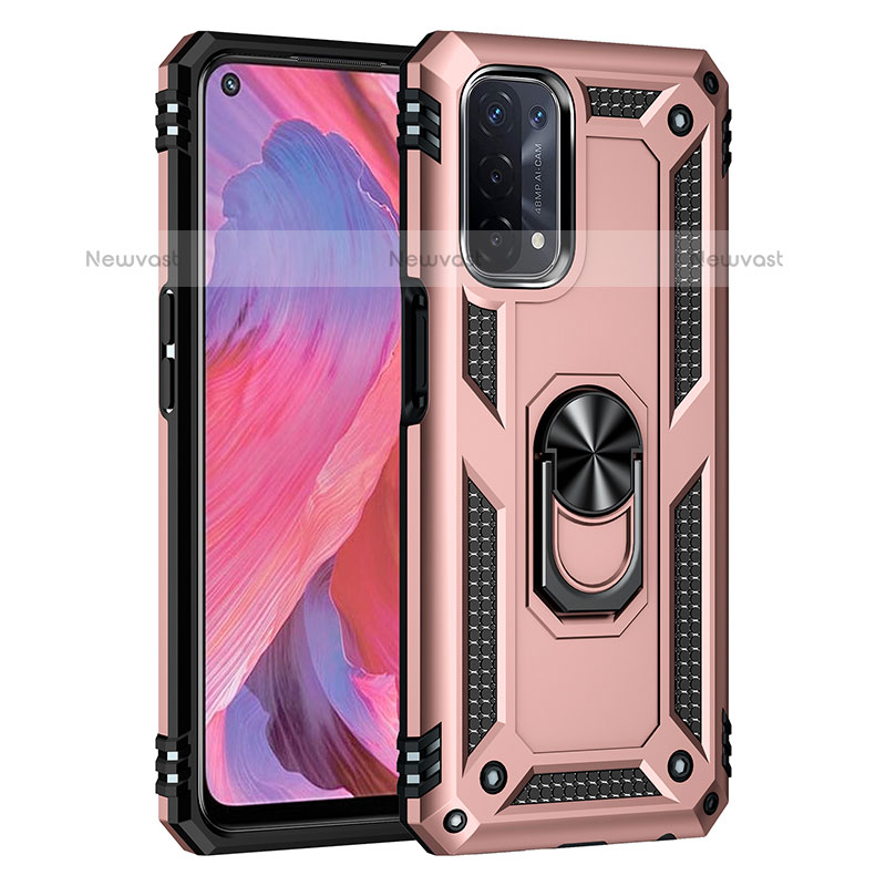 Silicone Matte Finish and Plastic Back Cover Case with Magnetic Finger Ring Stand MQ4 for Oppo A93 5G Rose Gold