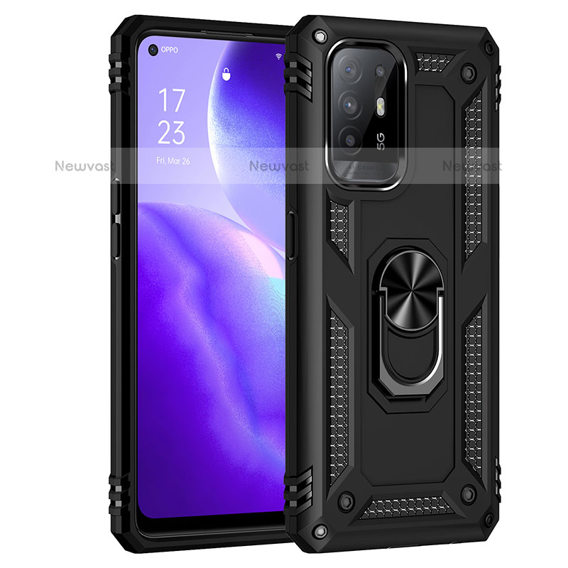 Silicone Matte Finish and Plastic Back Cover Case with Magnetic Finger Ring Stand MQ4 for Oppo A94 5G Black