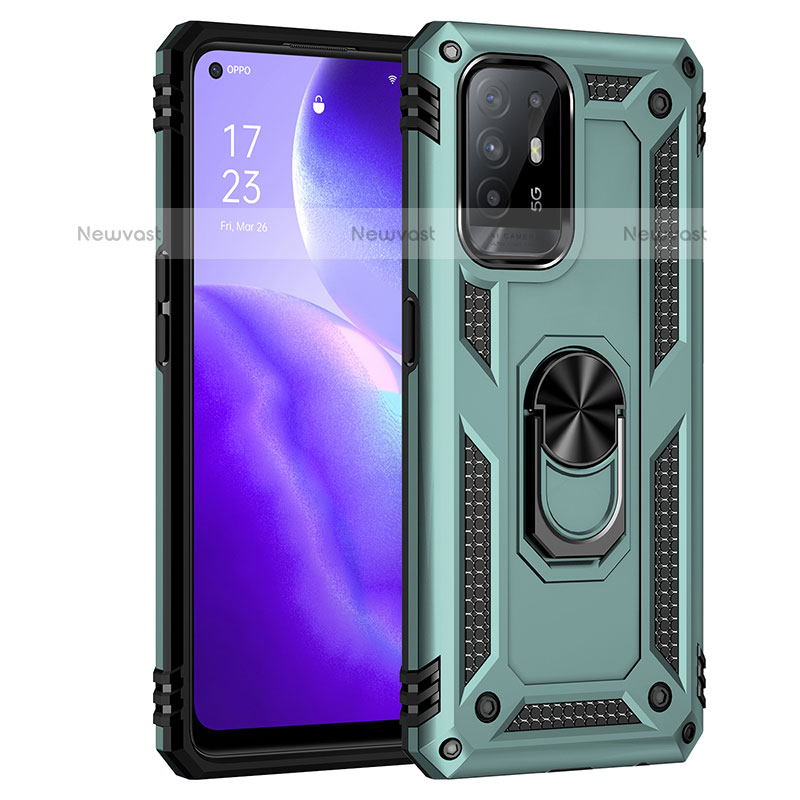 Silicone Matte Finish and Plastic Back Cover Case with Magnetic Finger Ring Stand MQ4 for Oppo A94 5G Green