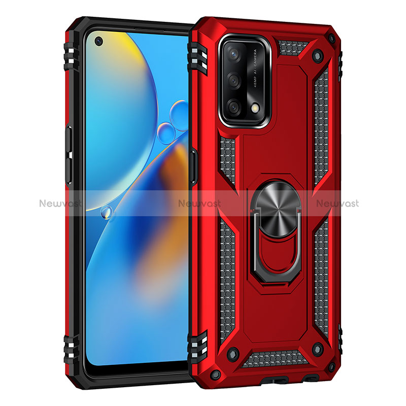 Silicone Matte Finish and Plastic Back Cover Case with Magnetic Finger Ring Stand MQ4 for Oppo A95 4G Red