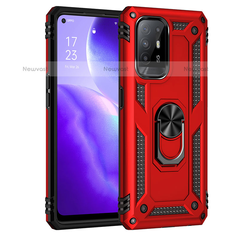 Silicone Matte Finish and Plastic Back Cover Case with Magnetic Finger Ring Stand MQ4 for Oppo A95 5G Red