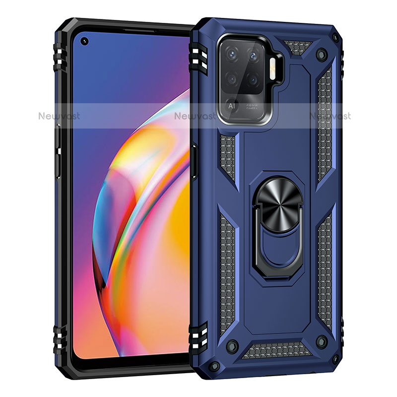 Silicone Matte Finish and Plastic Back Cover Case with Magnetic Finger Ring Stand MQ4 for Oppo F19 Pro Blue