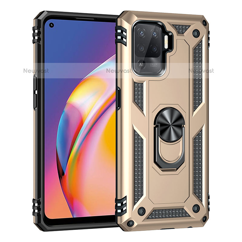 Silicone Matte Finish and Plastic Back Cover Case with Magnetic Finger Ring Stand MQ4 for Oppo F19 Pro Gold