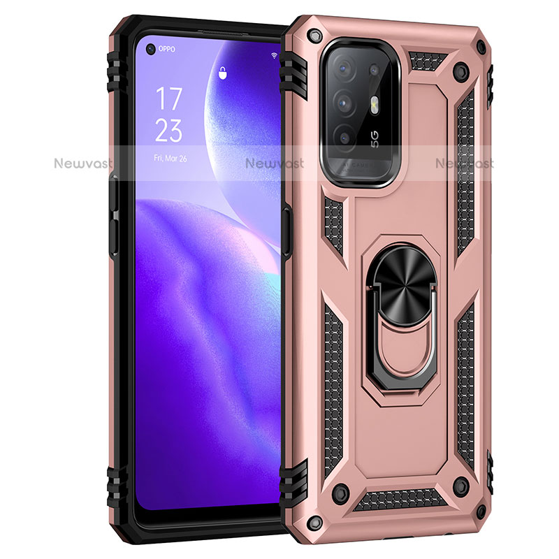 Silicone Matte Finish and Plastic Back Cover Case with Magnetic Finger Ring Stand MQ4 for Oppo F19 Pro+ Plus 5G Rose Gold