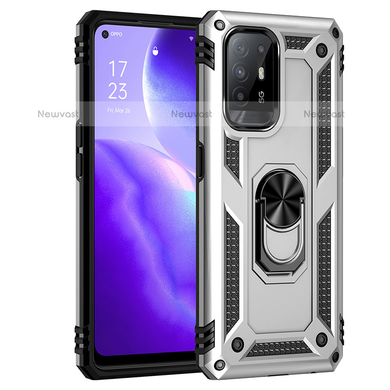 Silicone Matte Finish and Plastic Back Cover Case with Magnetic Finger Ring Stand MQ4 for Oppo F19 Pro+ Plus 5G Silver