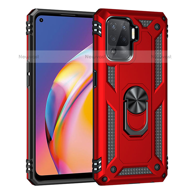 Silicone Matte Finish and Plastic Back Cover Case with Magnetic Finger Ring Stand MQ4 for Oppo F19 Pro Red