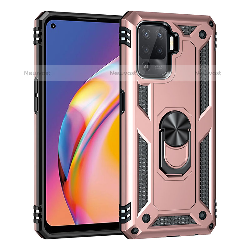 Silicone Matte Finish and Plastic Back Cover Case with Magnetic Finger Ring Stand MQ4 for Oppo F19 Pro Rose Gold