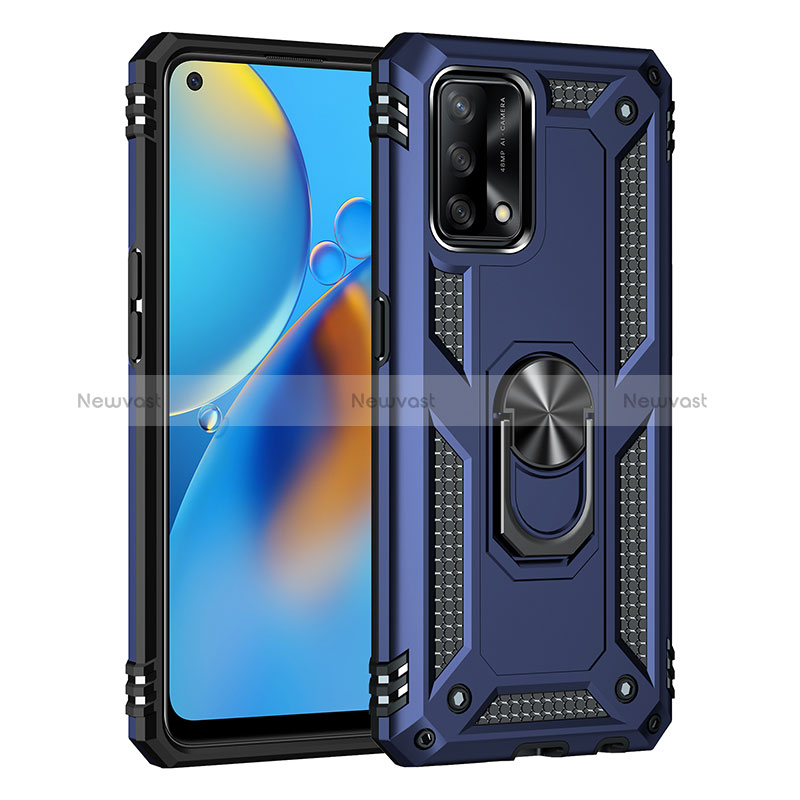 Silicone Matte Finish and Plastic Back Cover Case with Magnetic Finger Ring Stand MQ4 for Oppo F19s Blue