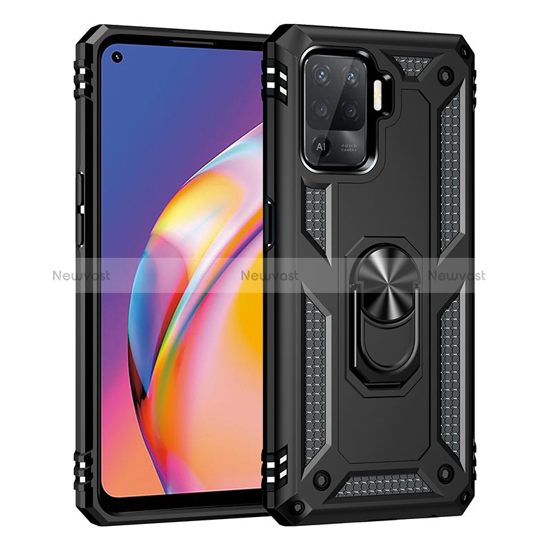 Silicone Matte Finish and Plastic Back Cover Case with Magnetic Finger Ring Stand MQ4 for Oppo Reno5 F Black