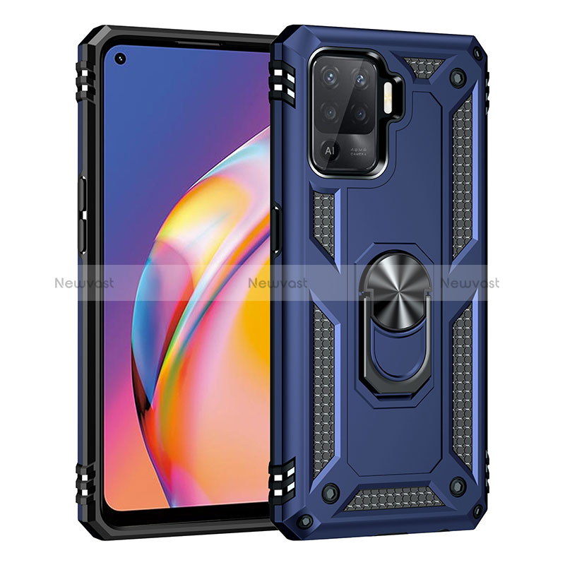 Silicone Matte Finish and Plastic Back Cover Case with Magnetic Finger Ring Stand MQ4 for Oppo Reno5 Lite Blue