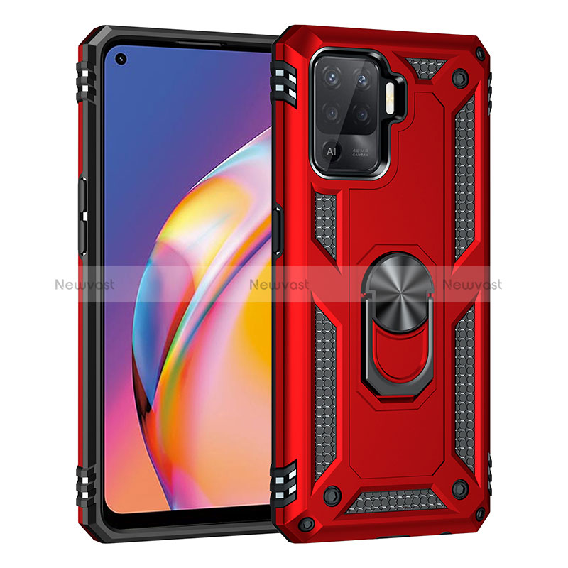 Silicone Matte Finish and Plastic Back Cover Case with Magnetic Finger Ring Stand MQ4 for Oppo Reno5 Lite Red