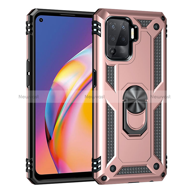 Silicone Matte Finish and Plastic Back Cover Case with Magnetic Finger Ring Stand MQ4 for Oppo Reno5 Lite Rose Gold
