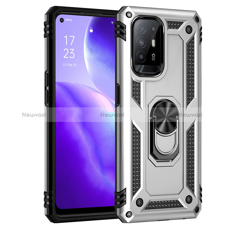 Silicone Matte Finish and Plastic Back Cover Case with Magnetic Finger Ring Stand MQ4 for Oppo Reno5 Z 5G Silver