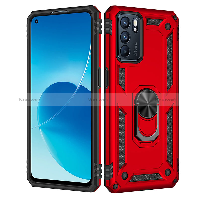 Silicone Matte Finish and Plastic Back Cover Case with Magnetic Finger Ring Stand MQ4 for Oppo Reno6 5G