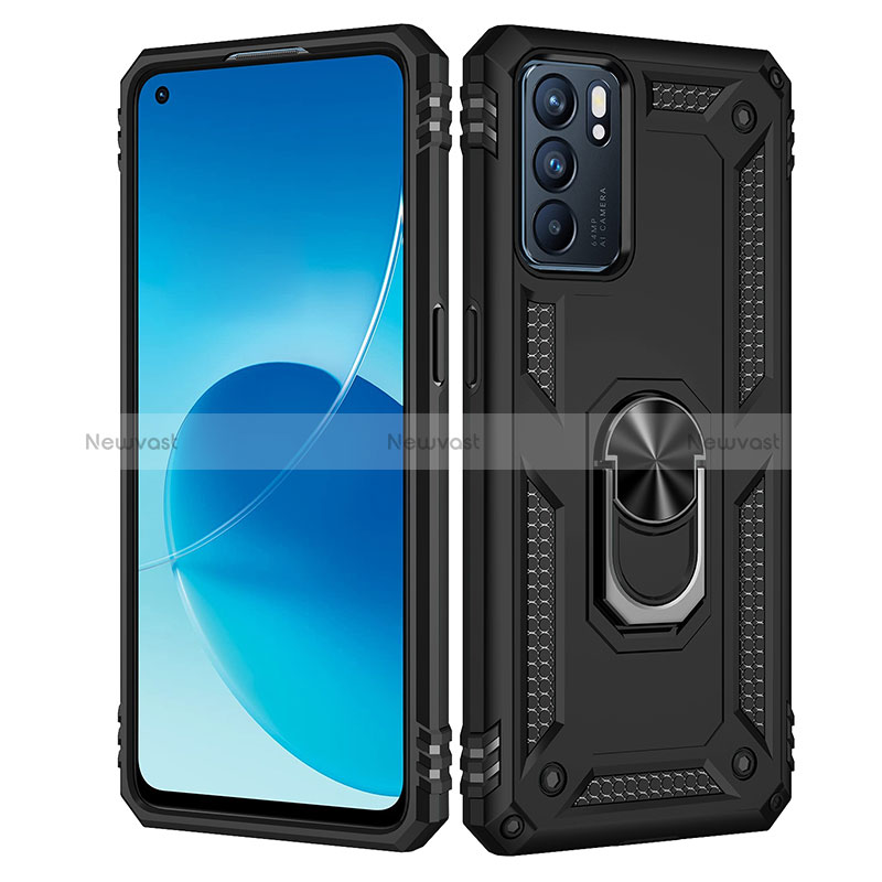 Silicone Matte Finish and Plastic Back Cover Case with Magnetic Finger Ring Stand MQ4 for Oppo Reno6 5G Black