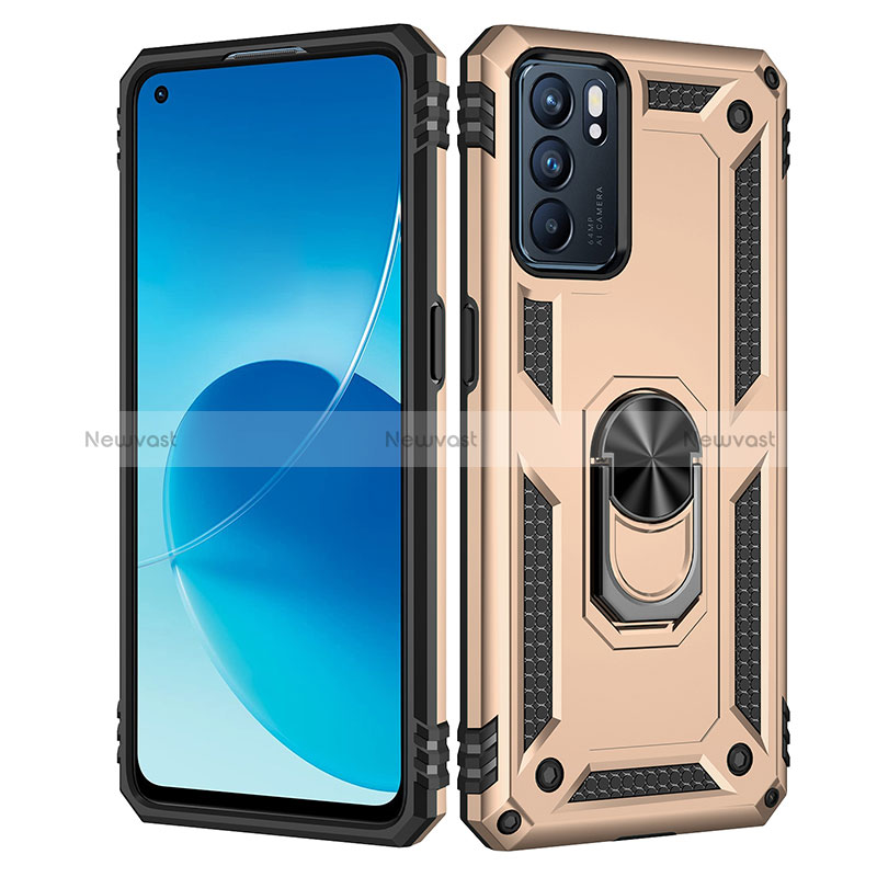 Silicone Matte Finish and Plastic Back Cover Case with Magnetic Finger Ring Stand MQ4 for Oppo Reno6 5G Gold