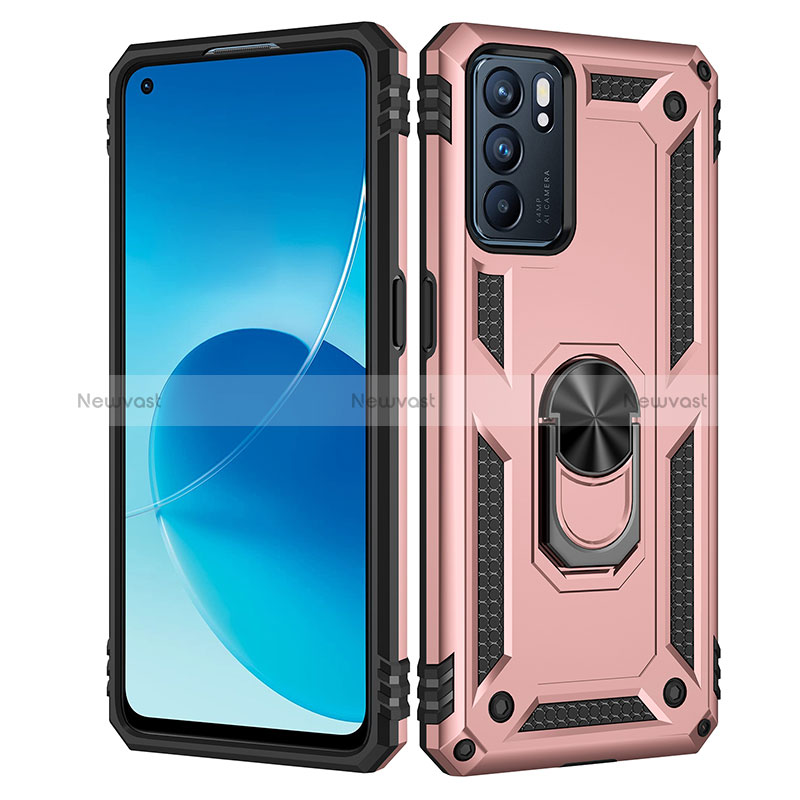 Silicone Matte Finish and Plastic Back Cover Case with Magnetic Finger Ring Stand MQ4 for Oppo Reno6 5G Rose Gold