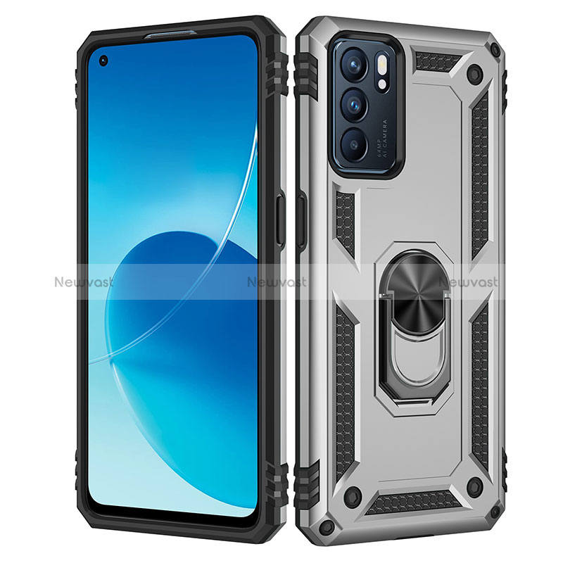 Silicone Matte Finish and Plastic Back Cover Case with Magnetic Finger Ring Stand MQ4 for Oppo Reno6 5G Silver