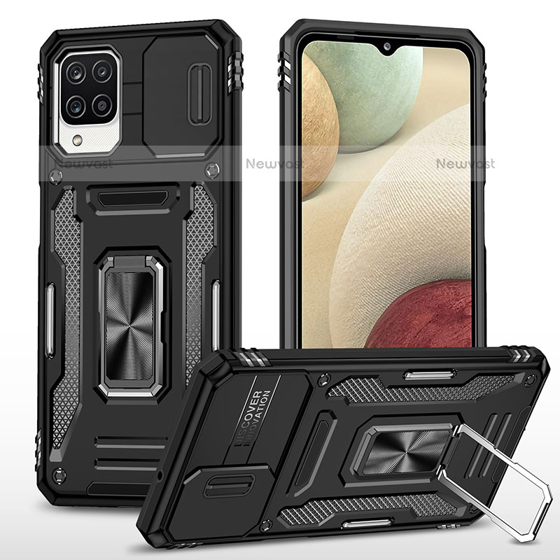 Silicone Matte Finish and Plastic Back Cover Case with Magnetic Finger Ring Stand MQ4 for Samsung Galaxy A12