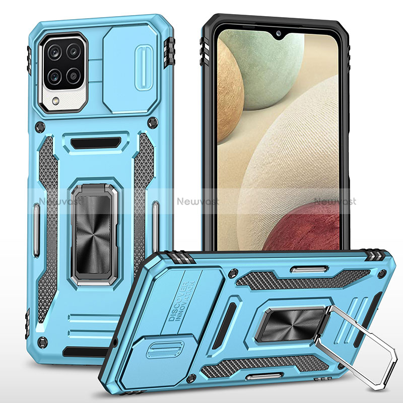 Silicone Matte Finish and Plastic Back Cover Case with Magnetic Finger Ring Stand MQ4 for Samsung Galaxy A12 5G Sky Blue