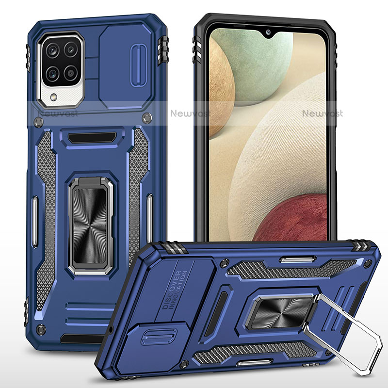 Silicone Matte Finish and Plastic Back Cover Case with Magnetic Finger Ring Stand MQ4 for Samsung Galaxy A12 Blue