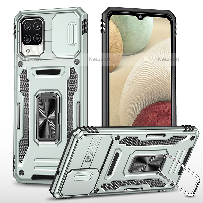 Silicone Matte Finish and Plastic Back Cover Case with Magnetic Finger Ring Stand MQ4 for Samsung Galaxy A12 Gray