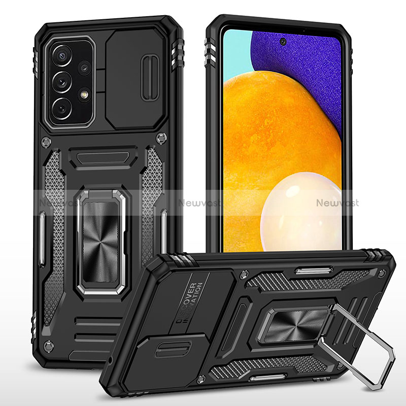 Silicone Matte Finish and Plastic Back Cover Case with Magnetic Finger Ring Stand MQ4 for Samsung Galaxy A52 4G Black