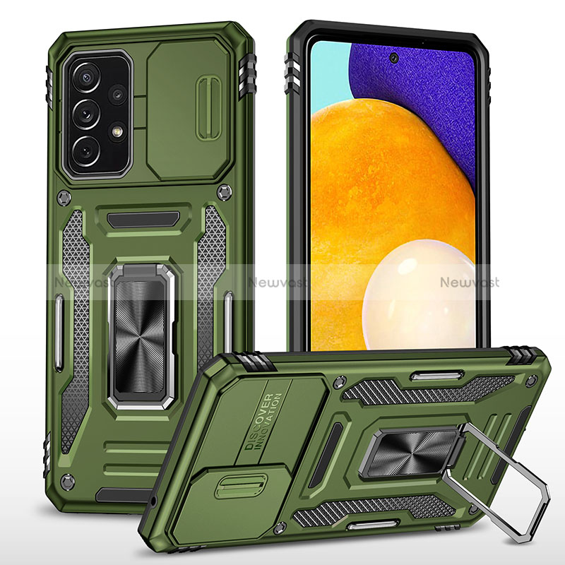 Silicone Matte Finish and Plastic Back Cover Case with Magnetic Finger Ring Stand MQ4 for Samsung Galaxy A52 4G Green