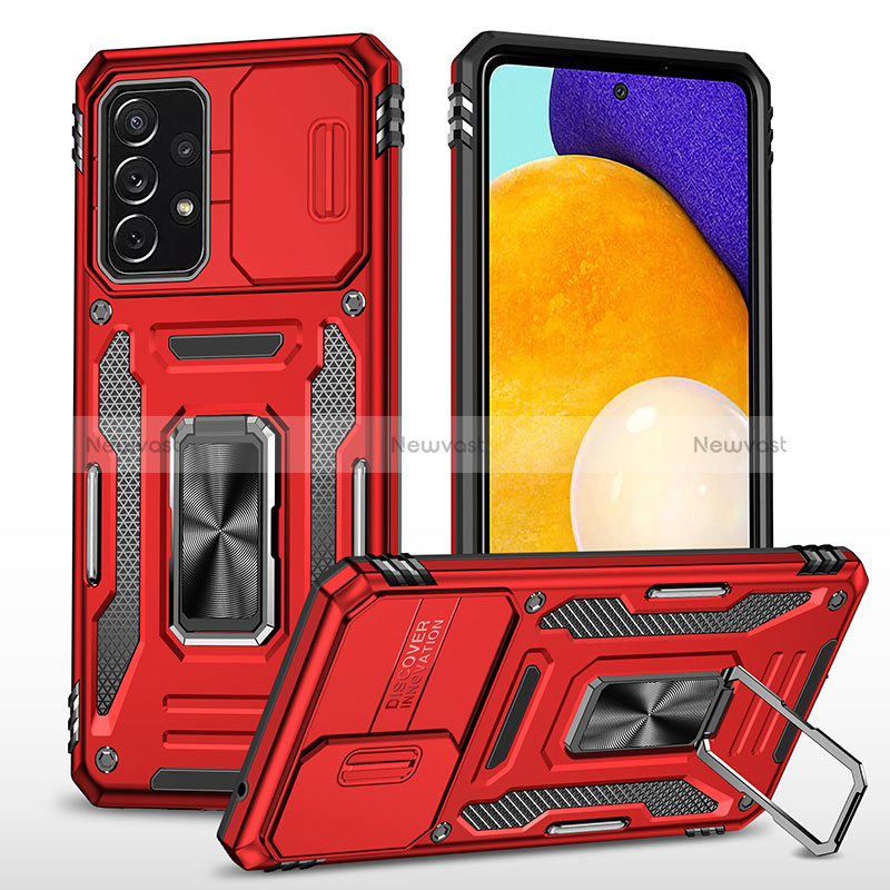 Silicone Matte Finish and Plastic Back Cover Case with Magnetic Finger Ring Stand MQ4 for Samsung Galaxy A52 4G Red